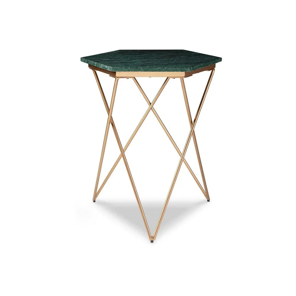 24 Inch Accent End Table, Green Hexagon Marble Top, Gold Metal Base By Casagear Home