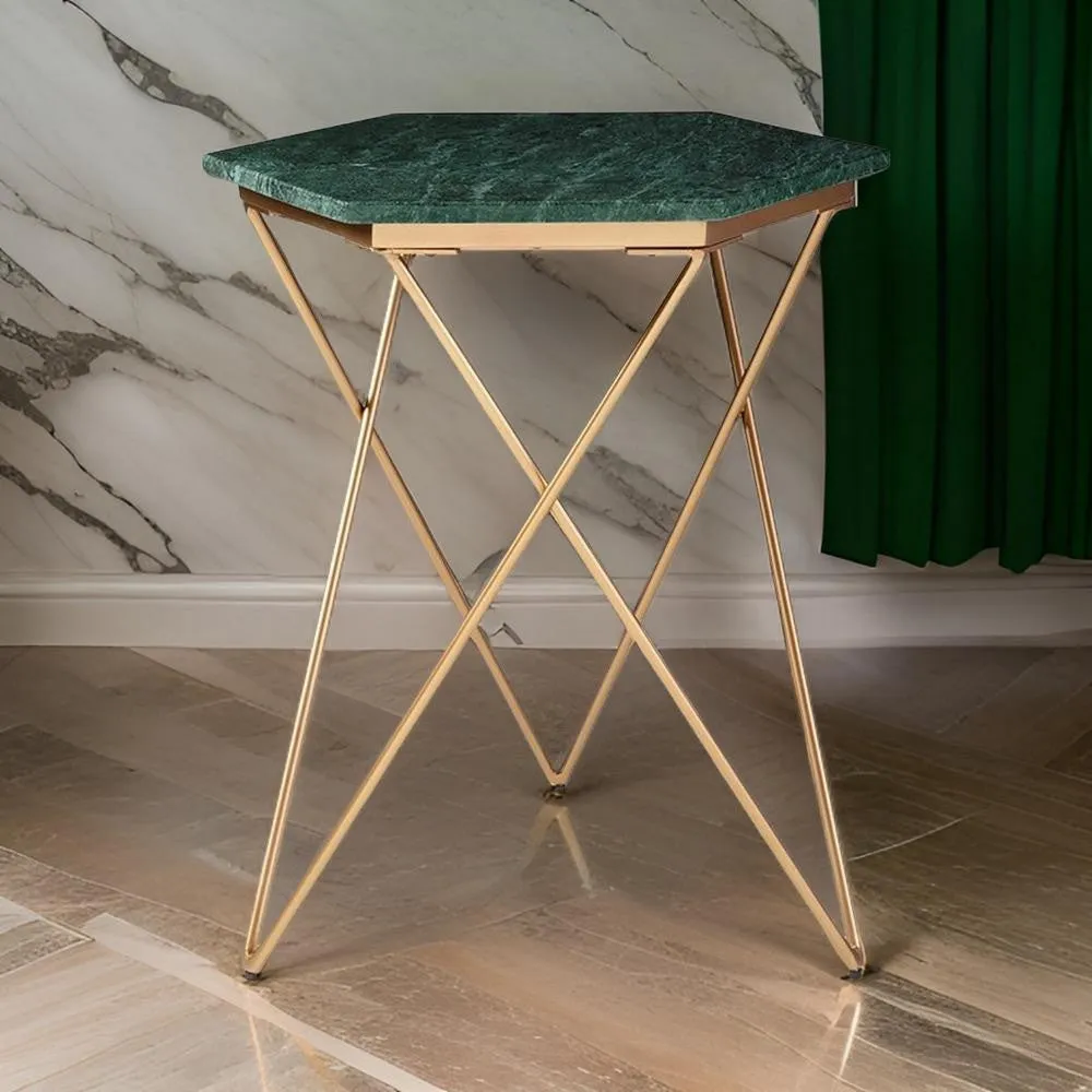 24 Inch Accent End Table, Green Hexagon Marble Top, Gold Metal Base By Casagear Home