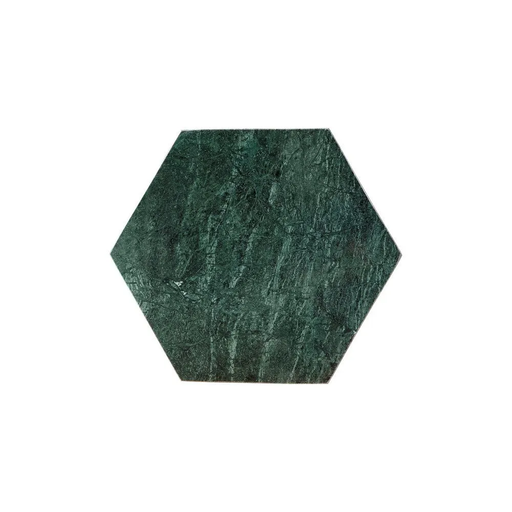 24 Inch Accent End Table, Green Hexagon Marble Top, Gold Metal Base By Casagear Home