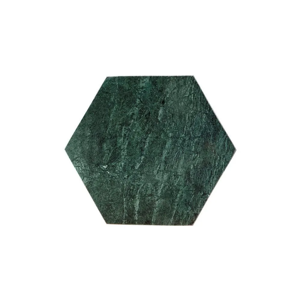 24 Inch Accent End Table, Green Hexagon Marble Top, Gold Metal Base By Casagear Home