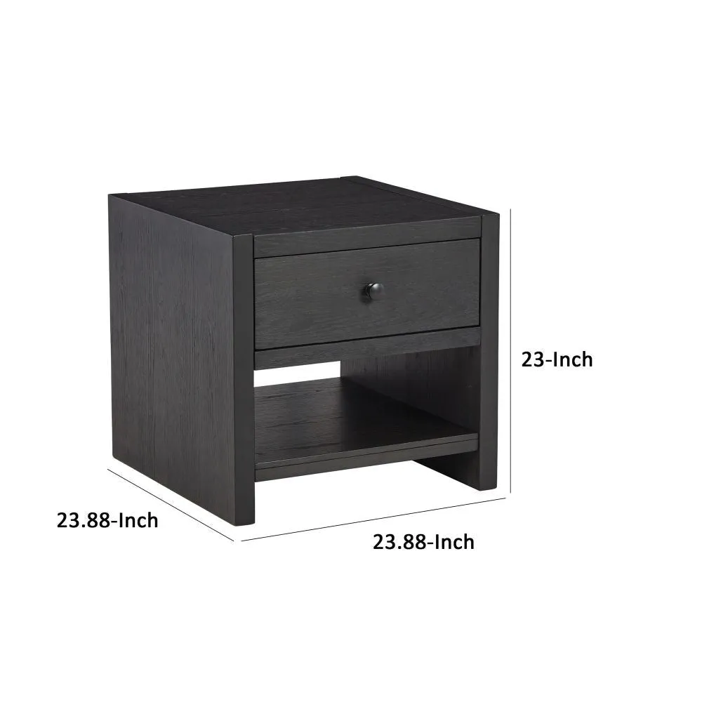 24 Inch Square Side End Table, Wire Brushed Black Wood, Single Drawer  By Casagear Home