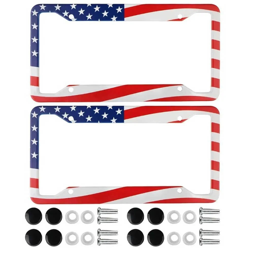 2pcs American Flag License Plate Frames with Screw Caps