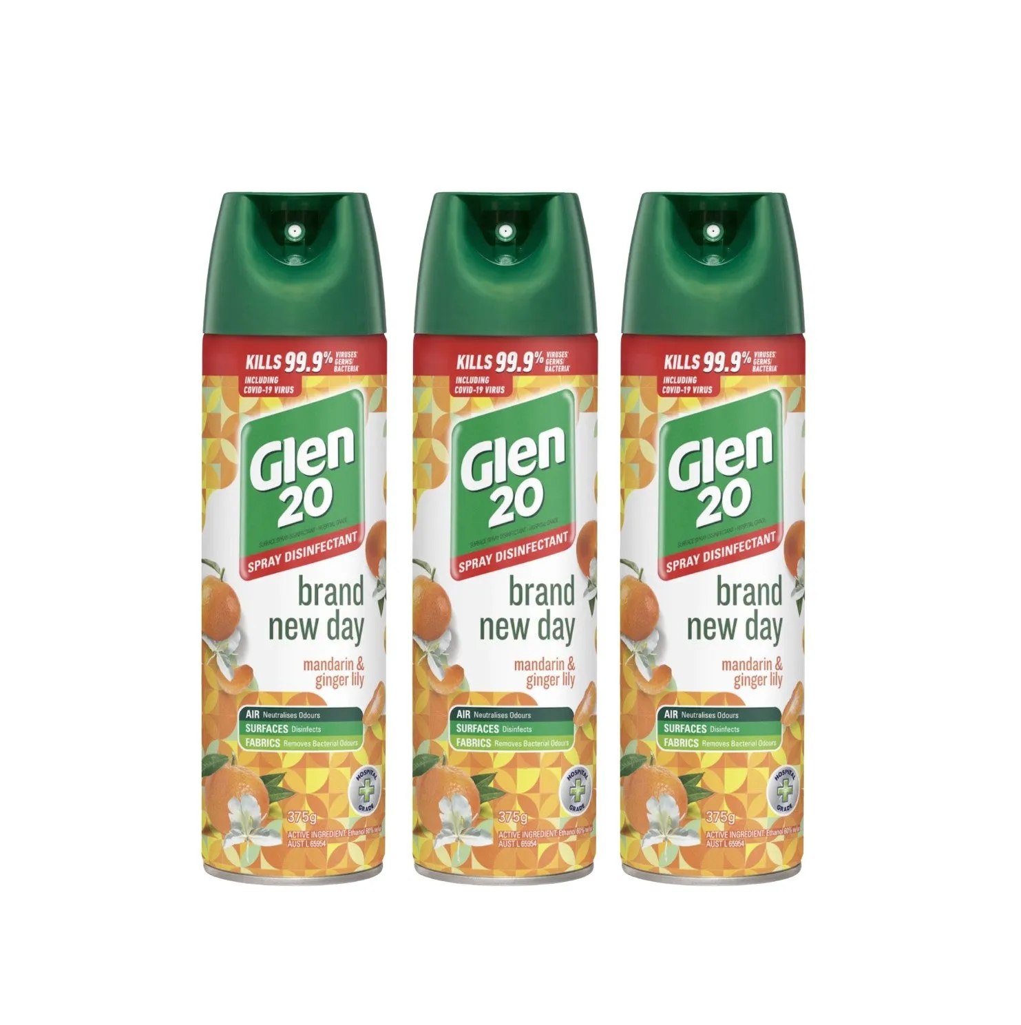 3 Pack Glen 20 Spray Disinfectant Brand New Day Mandarin & Ginger Lily 375g