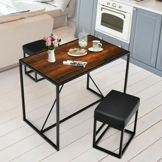 3 Pcs Dining Set Metal Frame Kitchen Table and 2 Stools-Brown