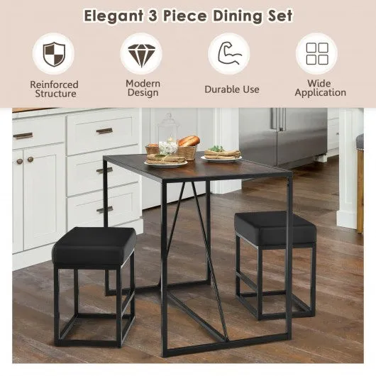 3 Pcs Dining Set Metal Frame Kitchen Table and 2 Stools-Brown