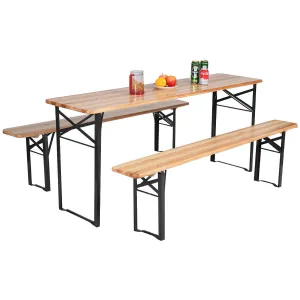 3 PCS Table Bench Set Folding Wooden Top Picnic Table