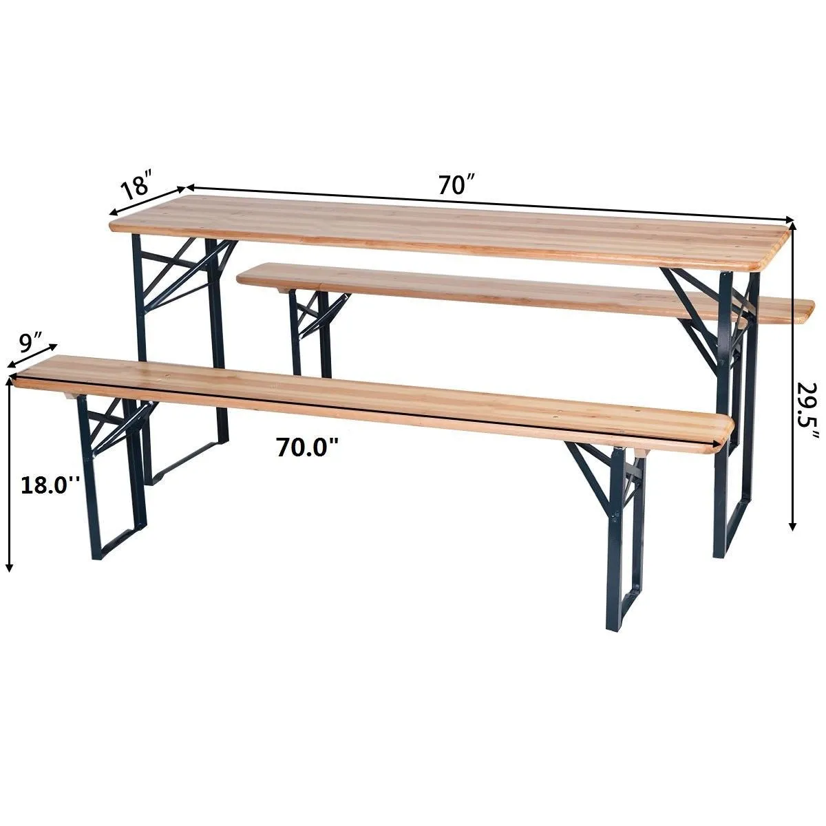 3 PCS Table Bench Set Folding Wooden Top Picnic Table