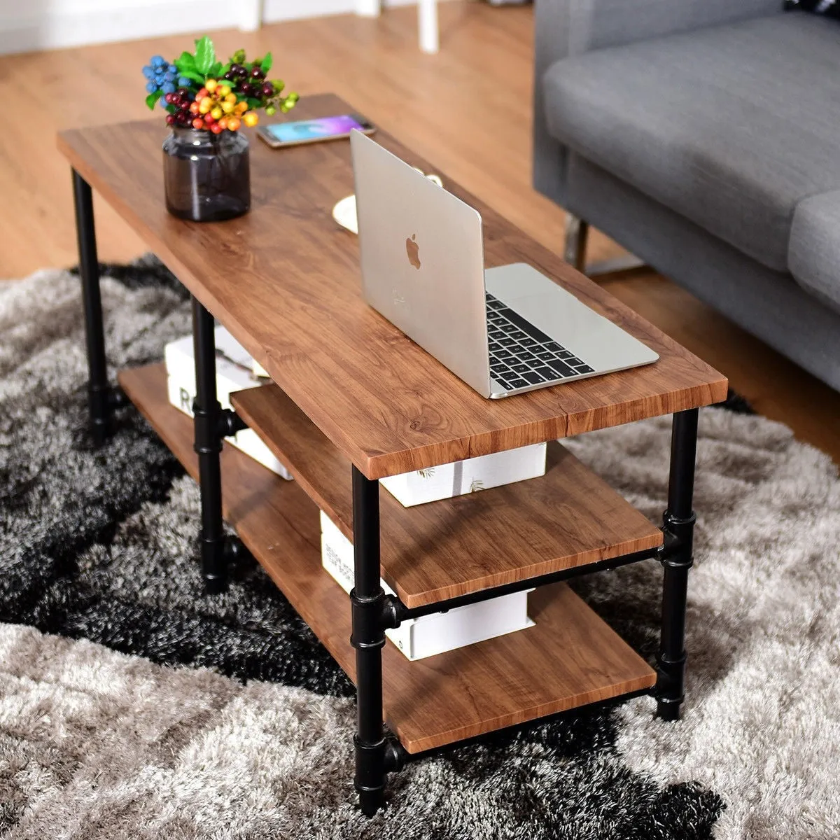 3-Tier Metal Frame Coffee Table with Storage Shelves