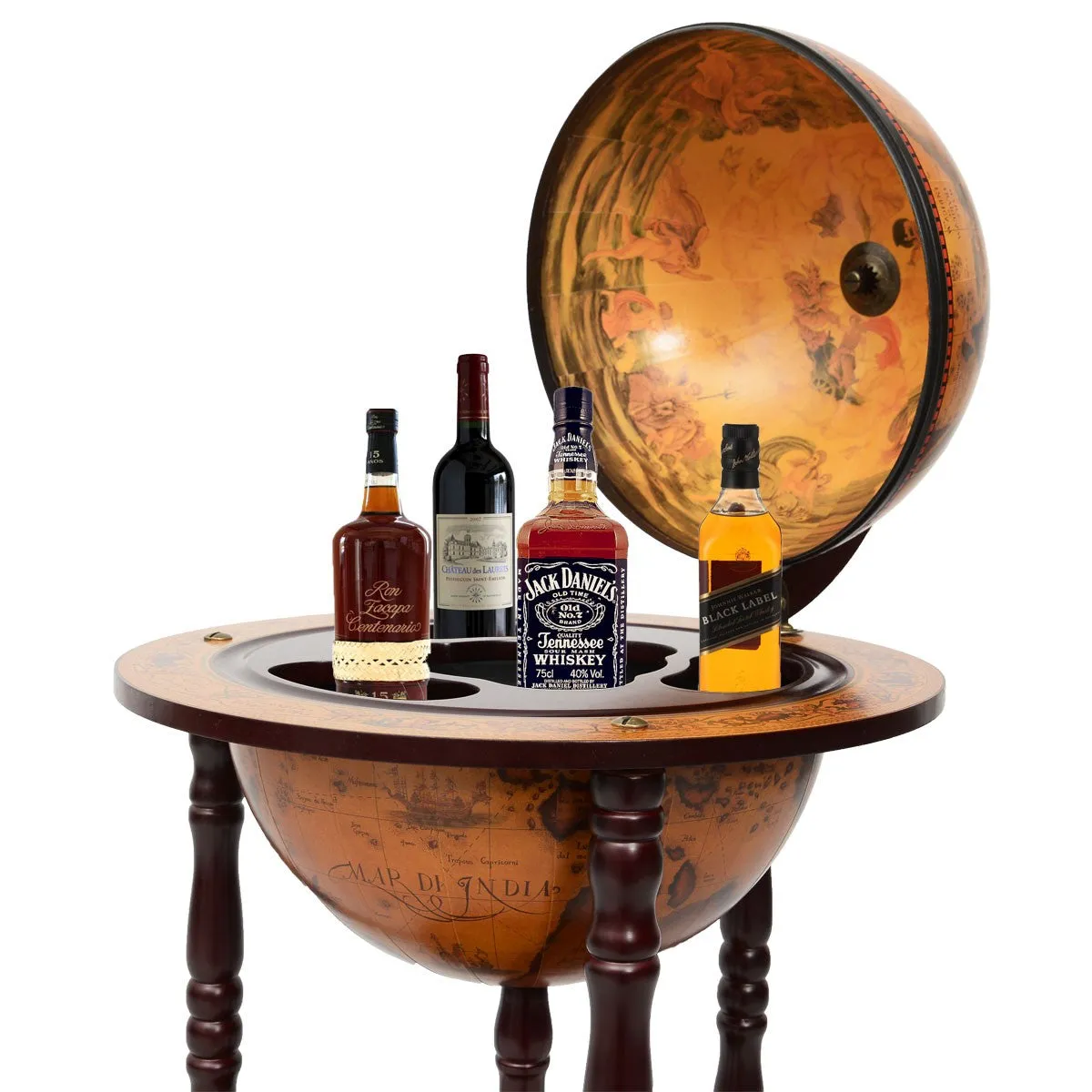 36'' Wood Globe Wine Bar Stand 16th Century Italian Rack Liquor Bottle Shelf