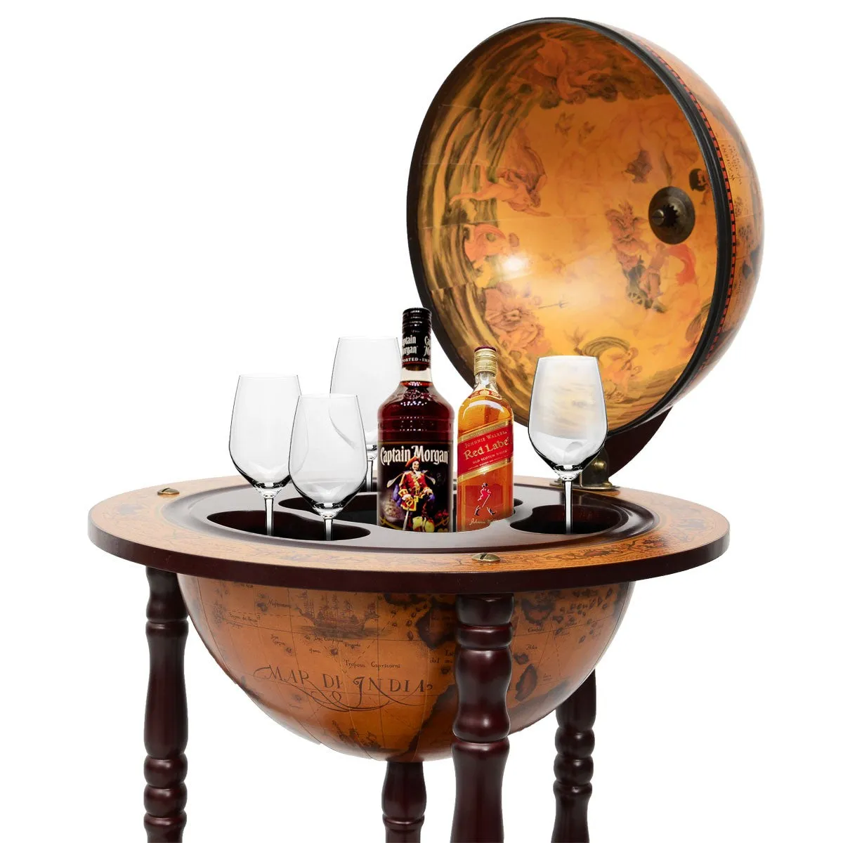 36'' Wood Globe Wine Bar Stand 16th Century Italian Rack Liquor Bottle Shelf