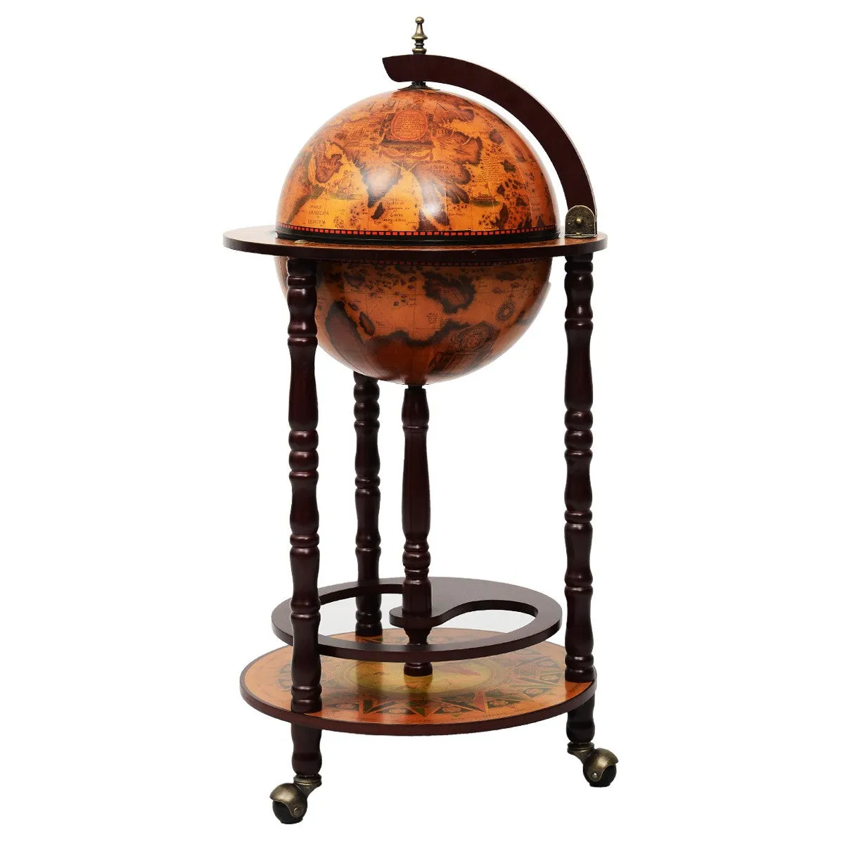 36'' Wood Globe Wine Bar Stand 16th Century Italian Rack Liquor Bottle Shelf