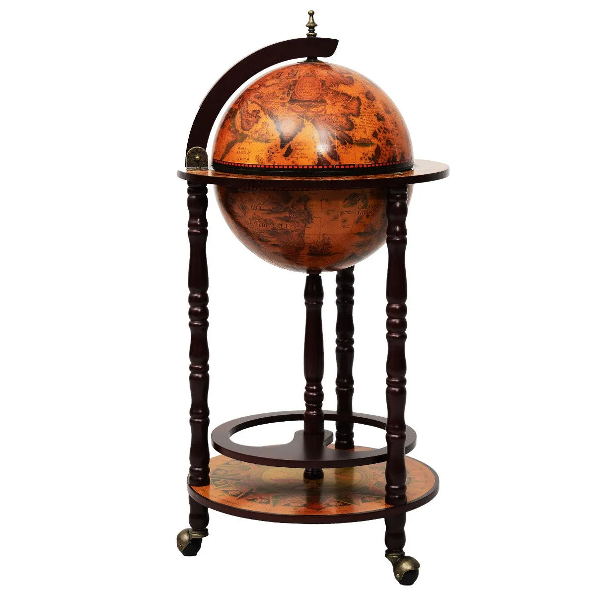 36'' Wood Globe Wine Bar Stand 16th Century Italian Rack Liquor Bottle Shelf