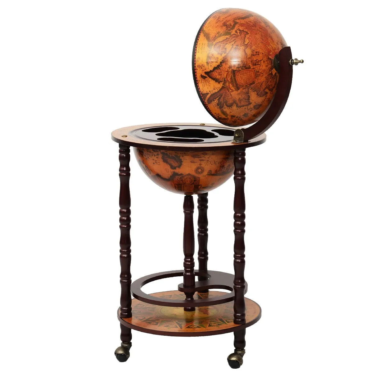 36'' Wood Globe Wine Bar Stand 16th Century Italian Rack Liquor Bottle Shelf