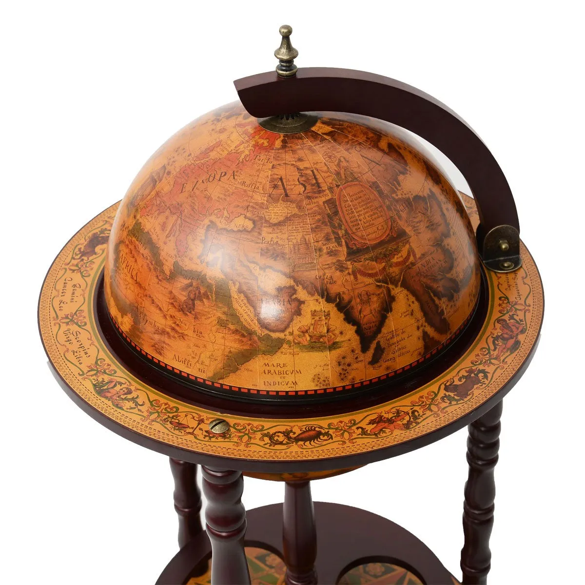 36'' Wood Globe Wine Bar Stand 16th Century Italian Rack Liquor Bottle Shelf