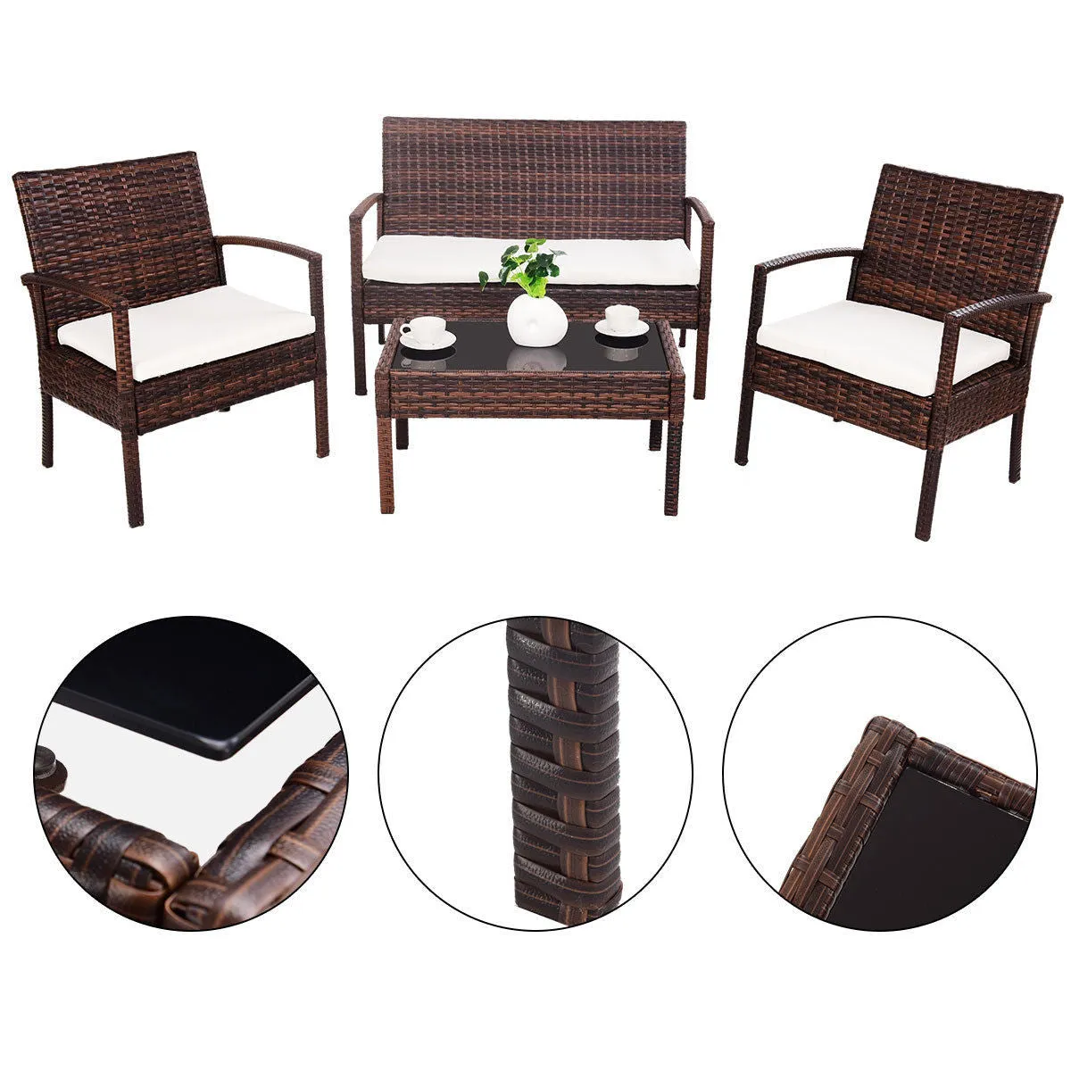 4 Pc Rattan Patio Furniture Set Garden Lawn Sofa Wicker Cushioned Seat