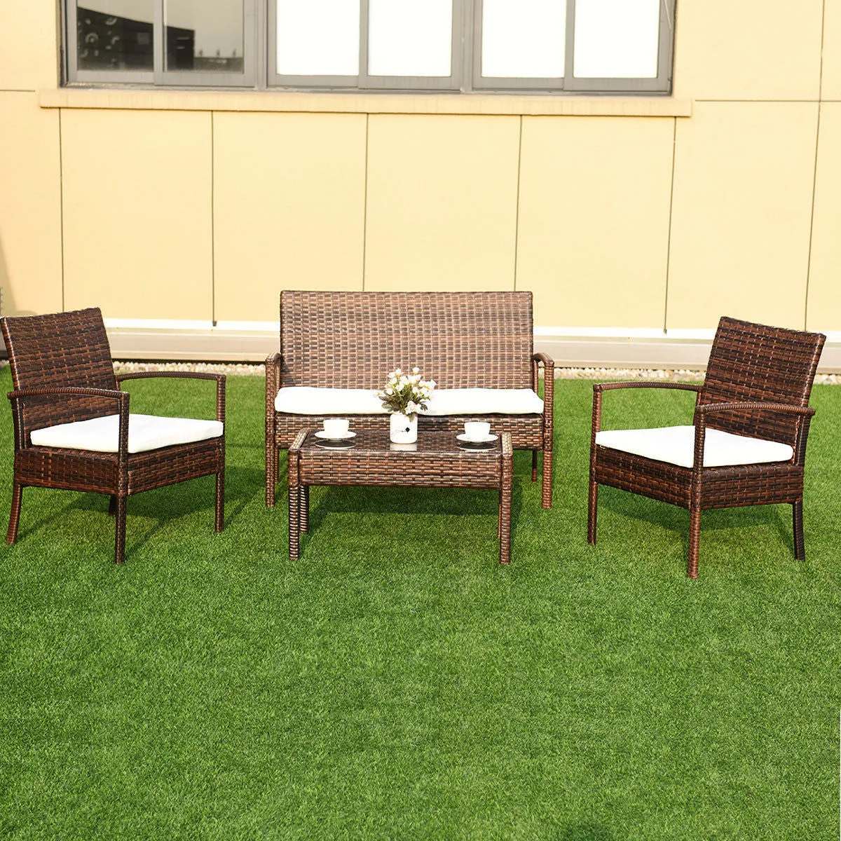 4 Pc Rattan Patio Furniture Set Garden Lawn Sofa Wicker Cushioned Seat