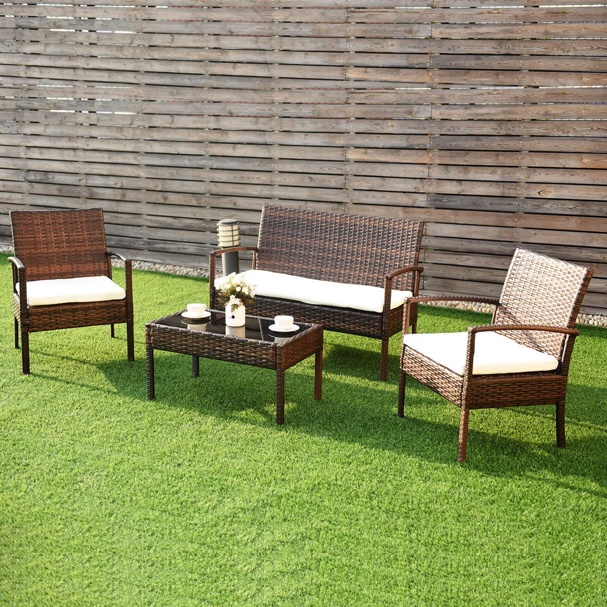 4 Pc Rattan Patio Furniture Set Garden Lawn Sofa Wicker Cushioned Seat