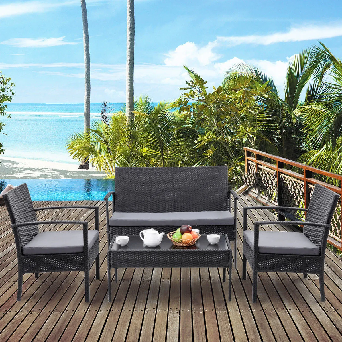 4 PCS Outdoor Patio Rattan Wicker Furniture Set Table Sofa Cushioned Deck Black