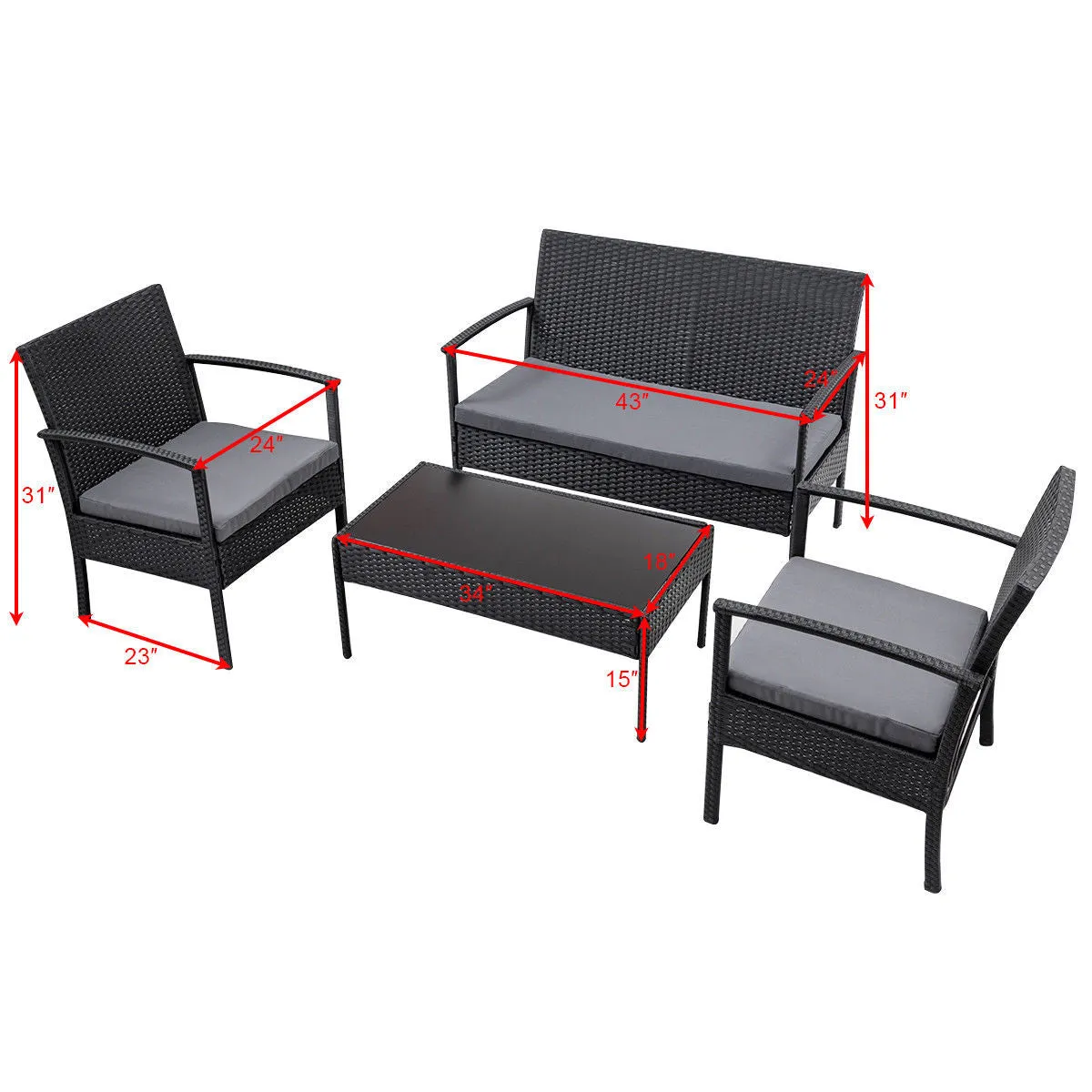 4 PCS Outdoor Patio Rattan Wicker Furniture Set Table Sofa Cushioned Deck Black