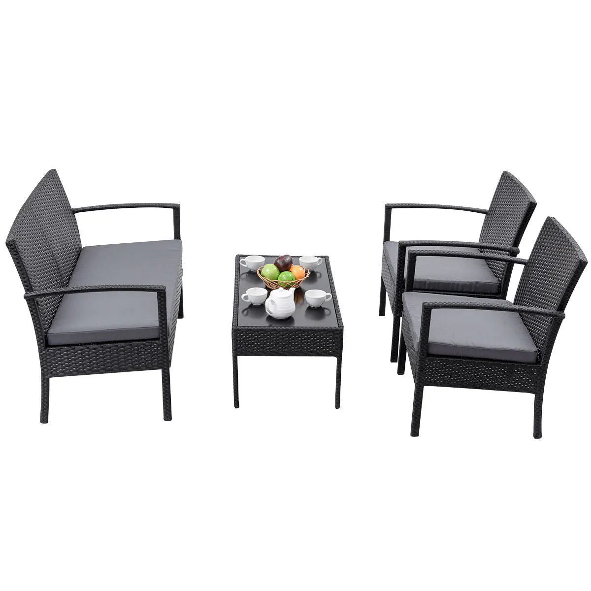 4 PCS Outdoor Patio Rattan Wicker Furniture Set Table Sofa Cushioned Deck Black