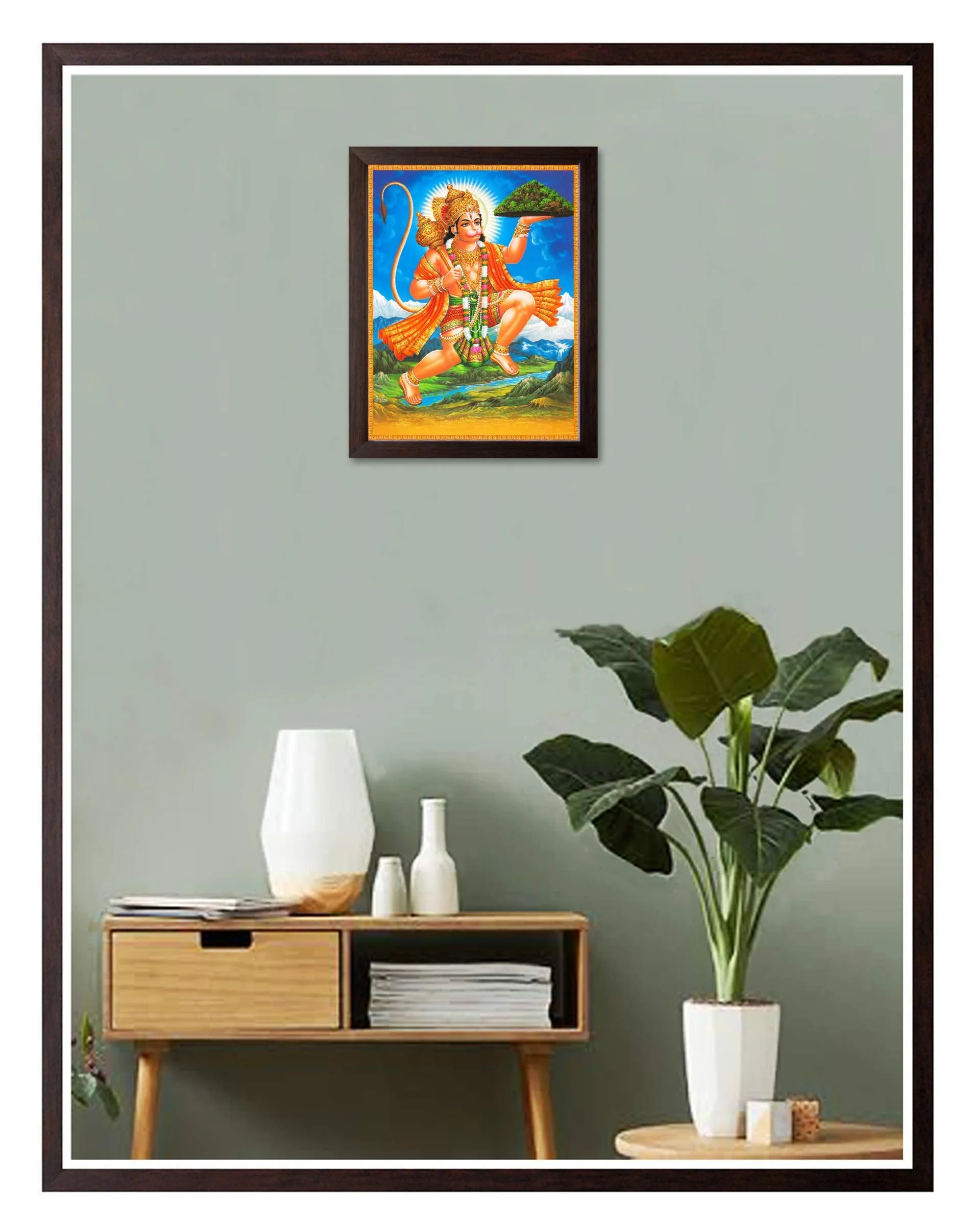 Art n Store: Lord Hanuman Flying with Dronagiri Mountain Painting HD Printed Religious & Wall Decor Picture with Plane Wood Frame (30 X 23.5 X 1.5 cm_ Brown Wood)