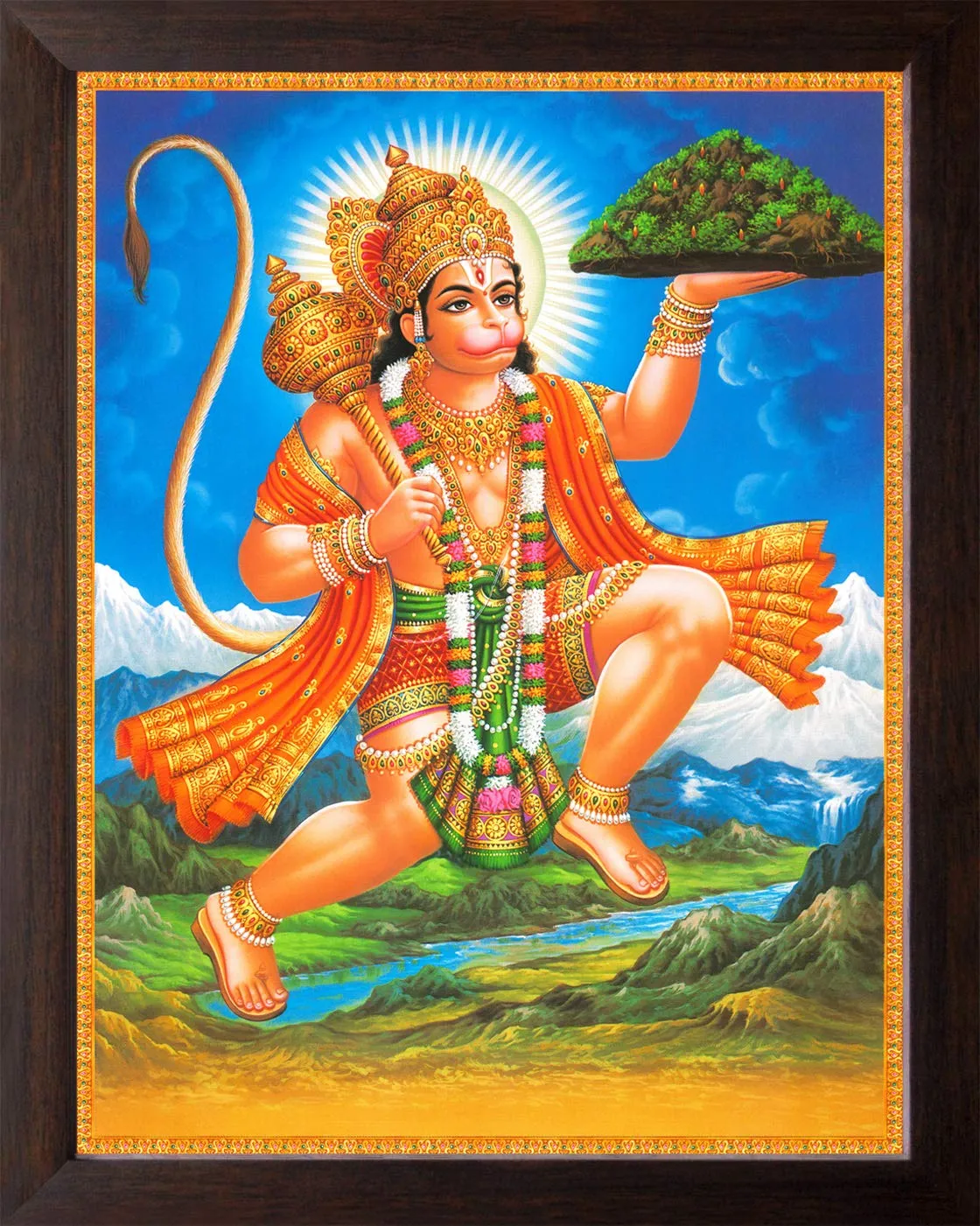 Art n Store: Lord Hanuman Flying with Dronagiri Mountain Painting HD Printed Religious & Wall Decor Picture with Plane Wood Frame (30 X 23.5 X 1.5 cm_ Brown Wood)