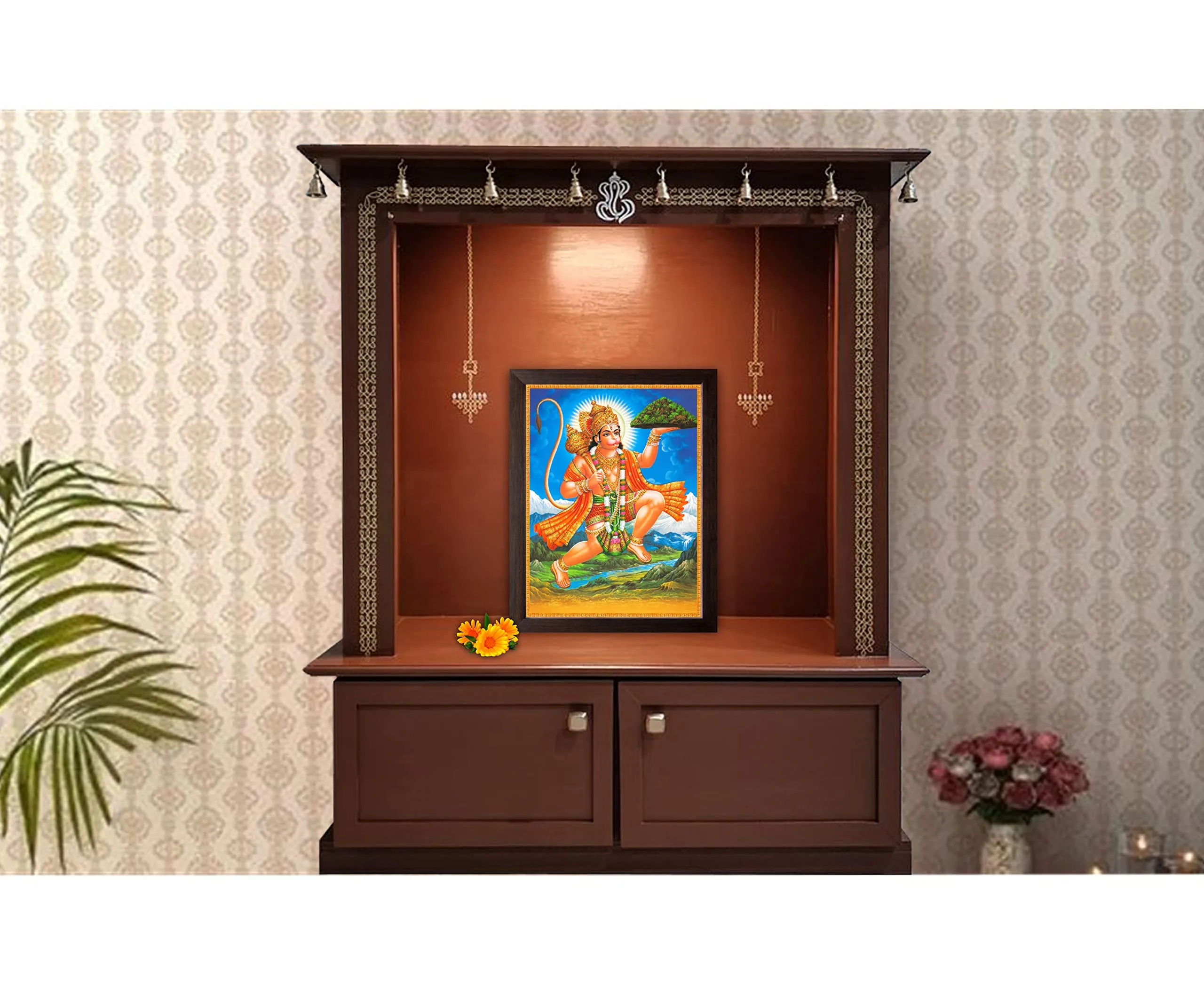 Art n Store: Lord Hanuman Flying with Dronagiri Mountain Painting HD Printed Religious & Wall Decor Picture with Plane Wood Frame (30 X 23.5 X 1.5 cm_ Brown Wood)