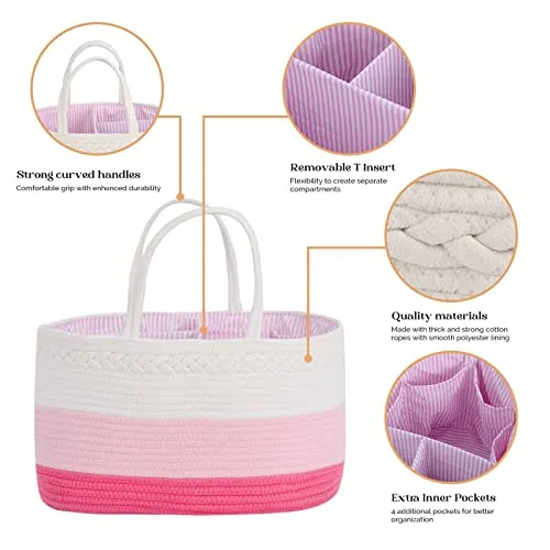 Baby Diaper Caddy Organizer, Extra Large Cotton Rope Nursery Diaper Basket, Changing Table Organizer, Portable Tote Bag with Divider, Car Storage, Baby Shower Gifts for Newborn Girls - Pink