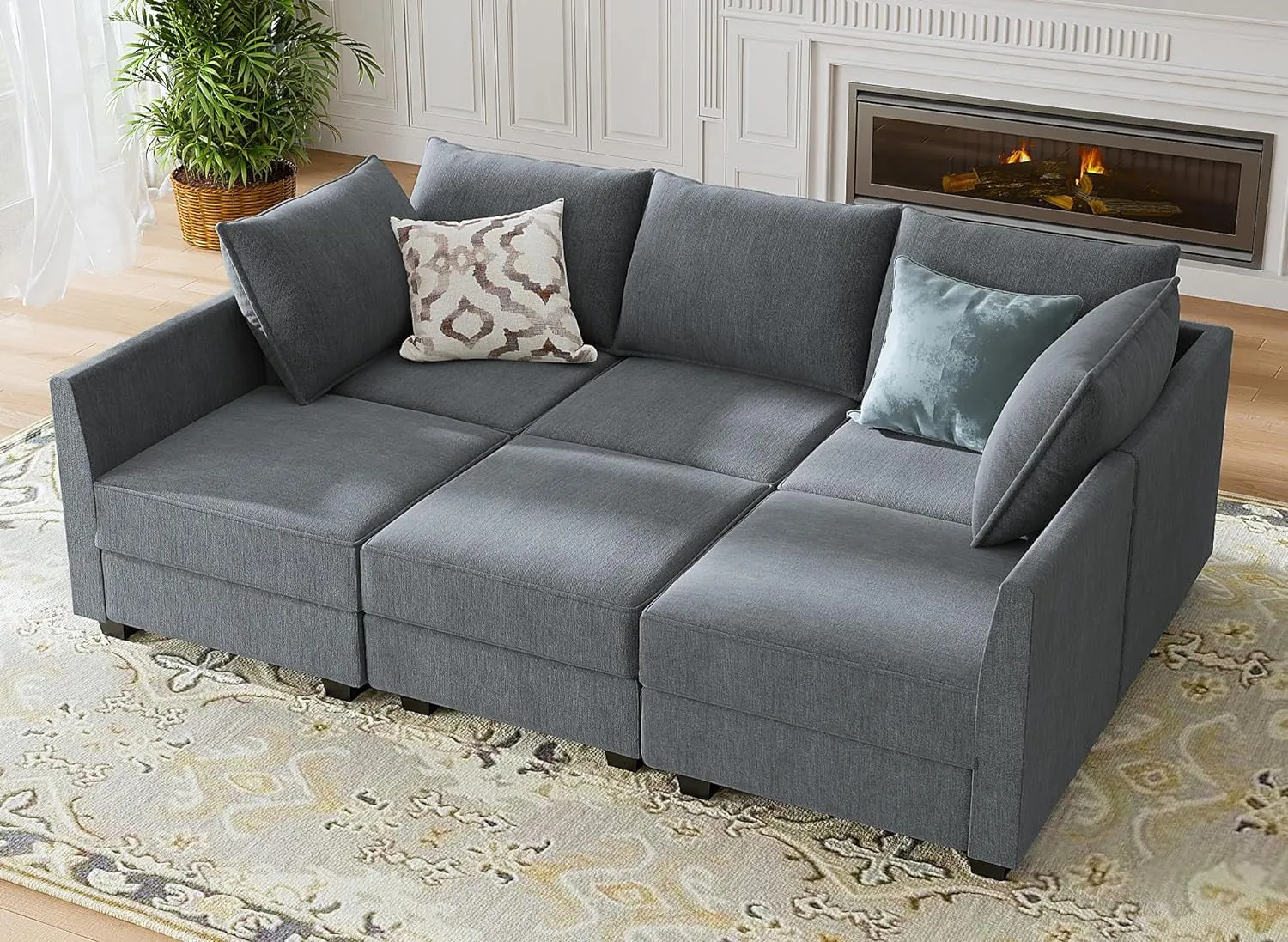 Bluish Grey U-Shaped Modular Sectional Sofa with Reversible Chaise and Storage