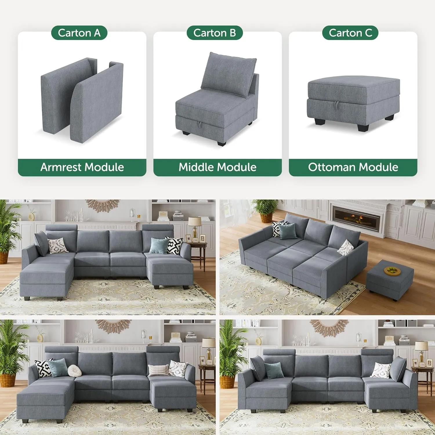 Bluish Grey U-Shaped Modular Sectional Sofa with Reversible Chaise and Storage