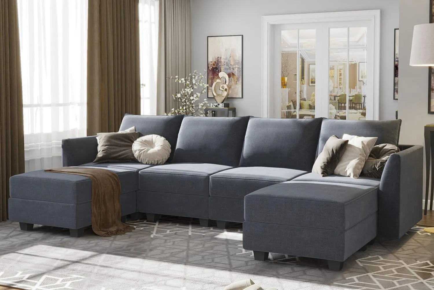 Bluish Grey U-Shaped Modular Sectional Sofa with Reversible Chaise and Storage