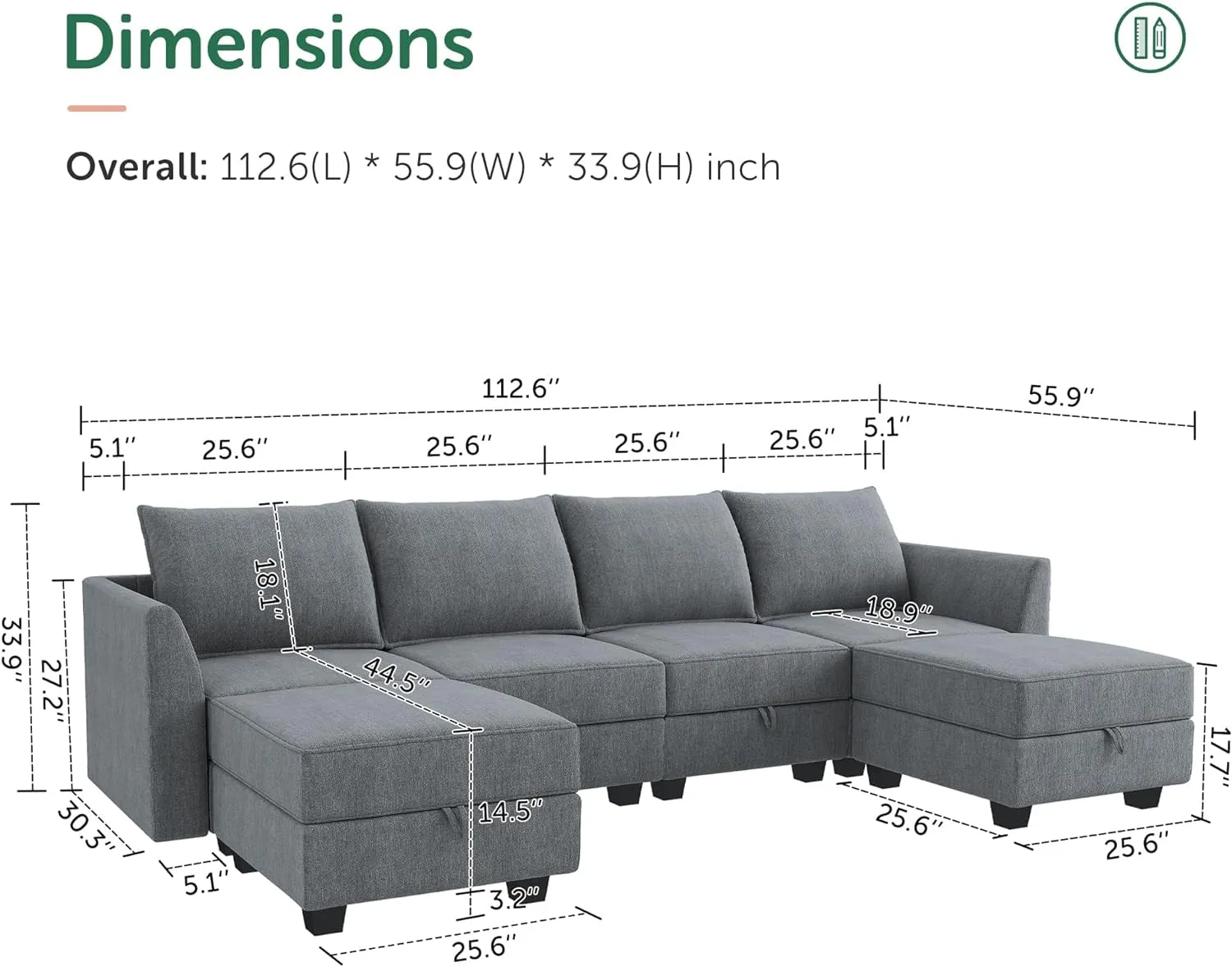 Bluish Grey U-Shaped Modular Sectional Sofa with Reversible Chaise and Storage