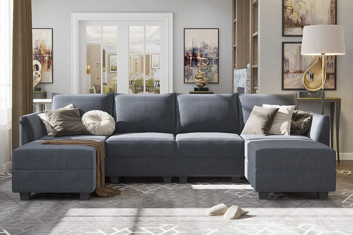 Bluish Grey U-Shaped Modular Sectional Sofa with Reversible Chaise and Storage