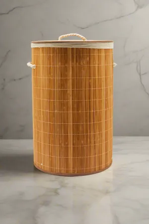 Brown Round Foldable Bamboo Hamper