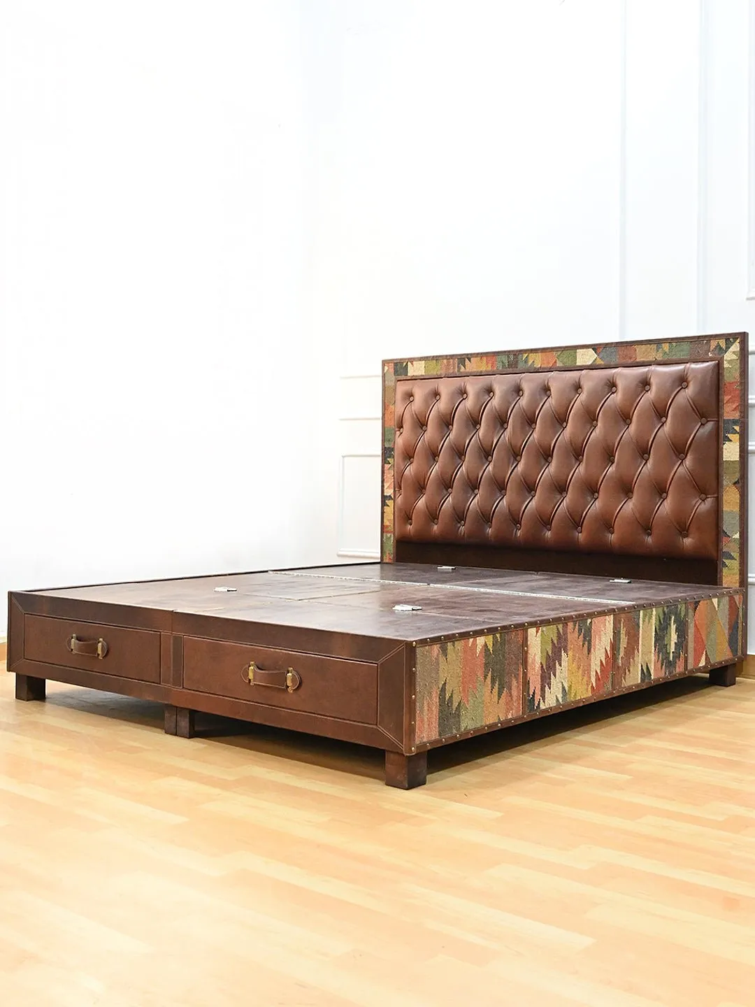 CARUS- WOODEN DOUBLE BED WITH KILIM & LEATHER