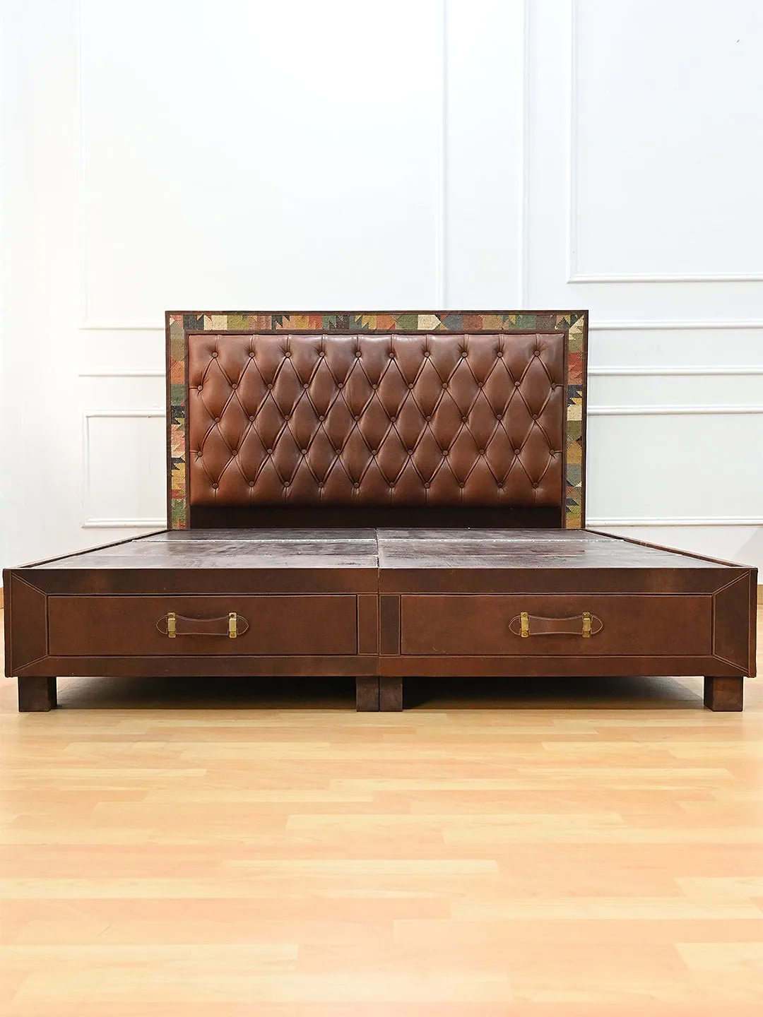 CARUS- WOODEN DOUBLE BED WITH KILIM & LEATHER