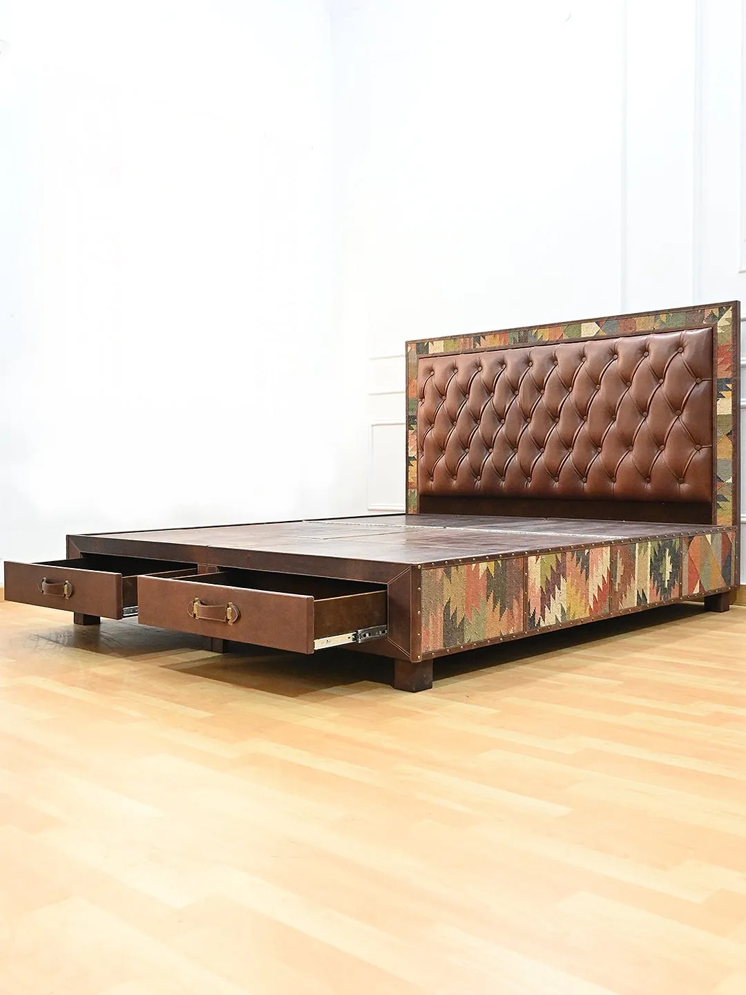 CARUS- WOODEN DOUBLE BED WITH KILIM & LEATHER