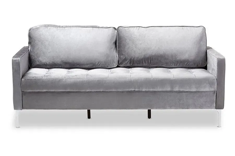 Clara Grey Velvet Fabric Upholstered 3-Seater Sofa