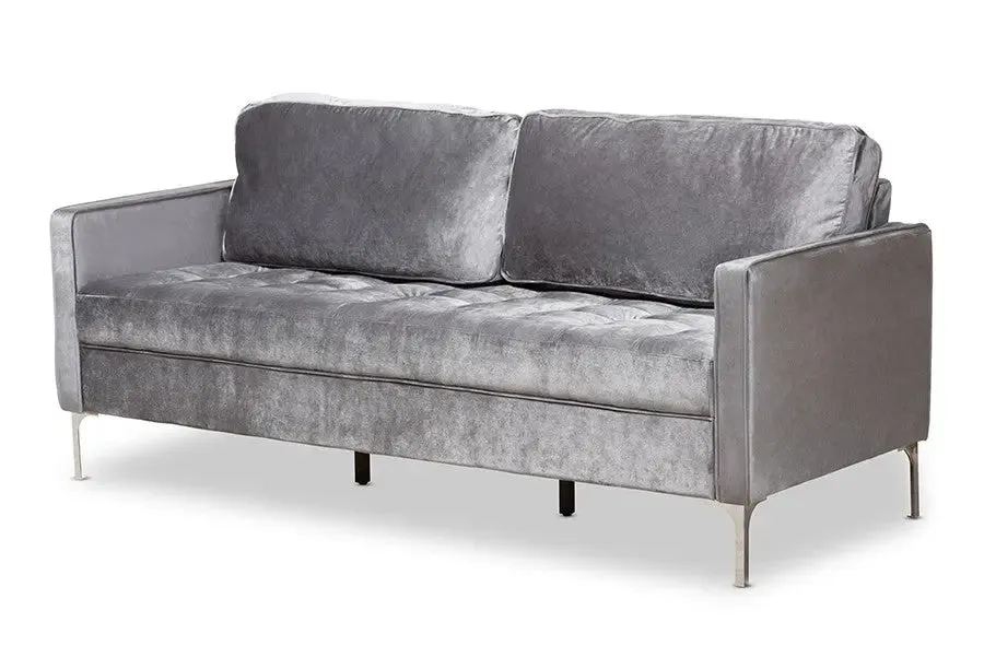 Clara Grey Velvet Fabric Upholstered 3-Seater Sofa