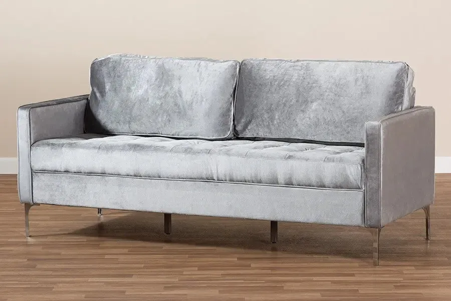 Clara Grey Velvet Fabric Upholstered 3-Seater Sofa