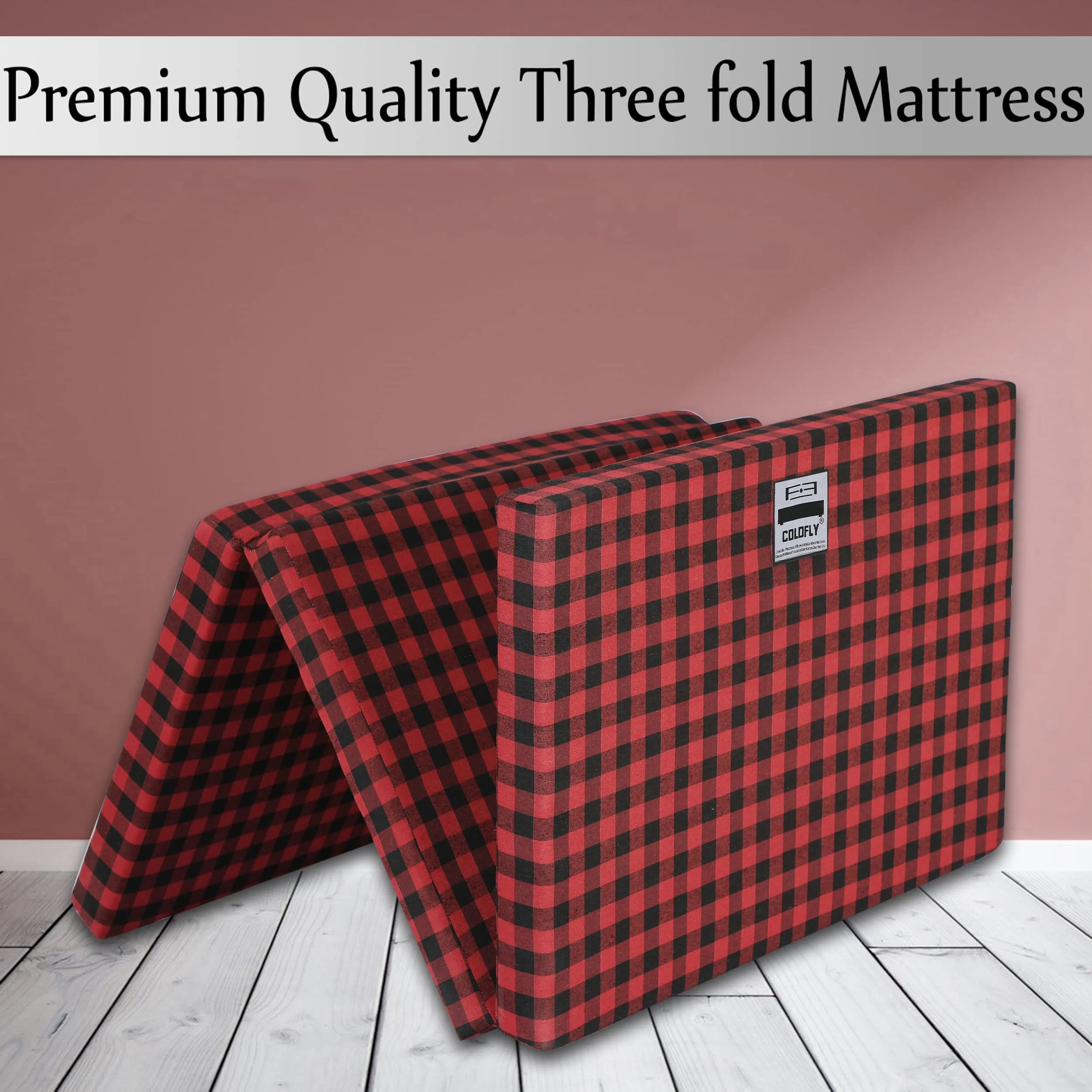 COLOFLY Foldable UHD Foam Three Fold Single Bed Reversible Mattress (Size - 72 x 35 x 2.5 Inches) Lightweight Gadda for Guests Travel Picnic - Red & Black