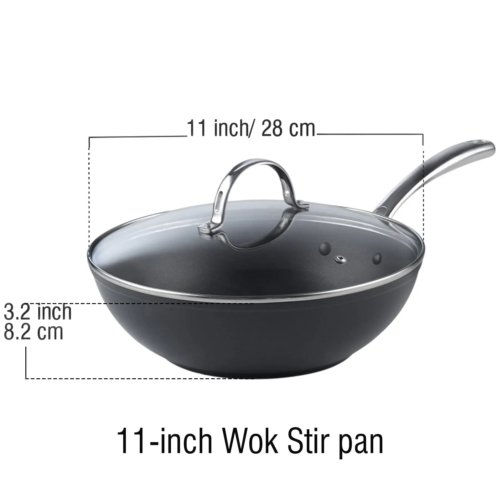 Cooks Standard Nonstick Stir-Fry Wok Pan 11-Inch, Hard Anodized Deep Frying Pan with Glass Lid, Flat Bottom, Black