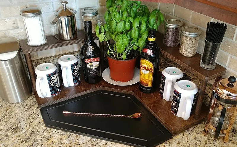 Counter Caddies™ - Walnut-Stained Corner Shelf - Barista Style - Available in Black and Natural Wood