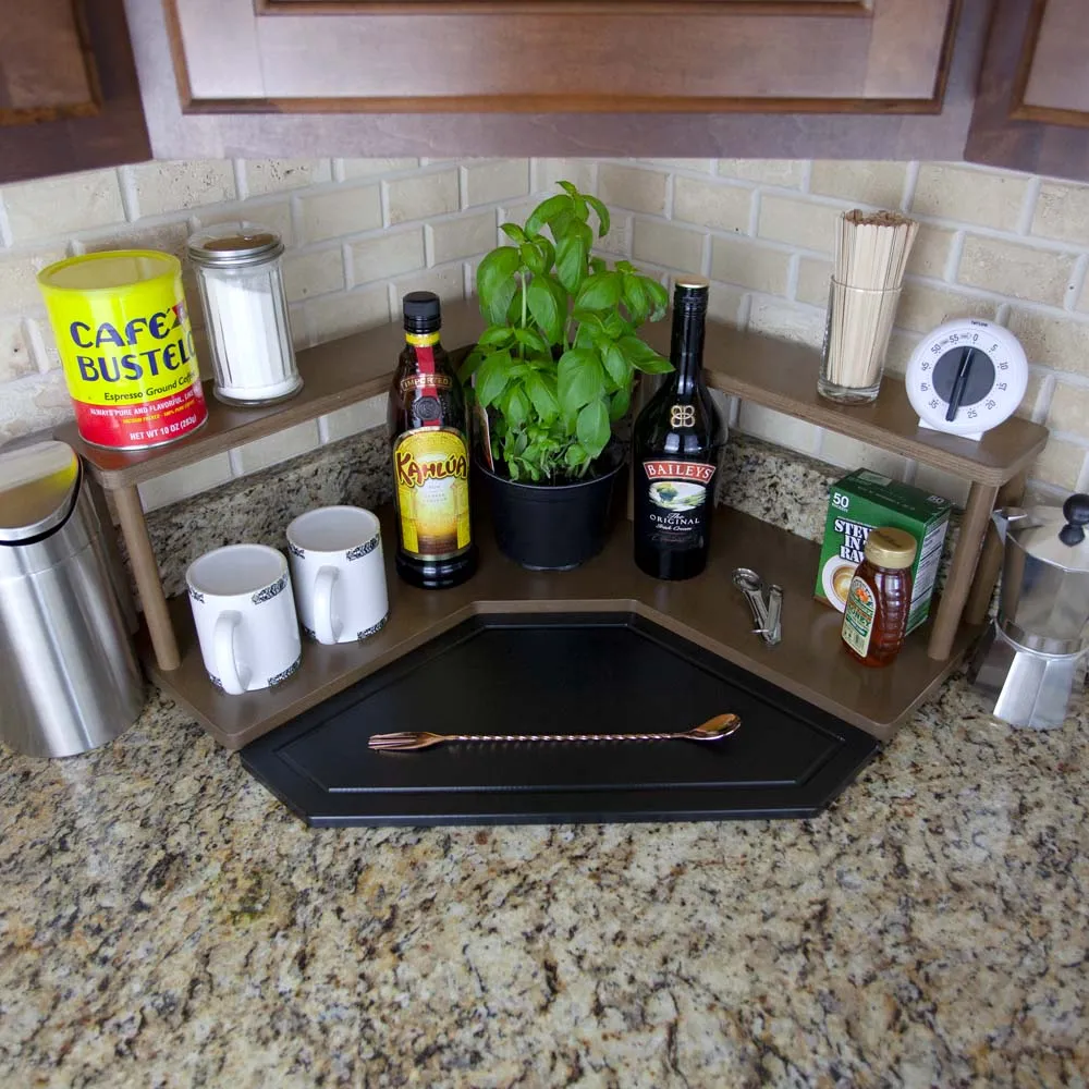 Counter Caddies™ - Walnut-Stained Corner Shelf - Barista Style - Available in Black and Natural Wood