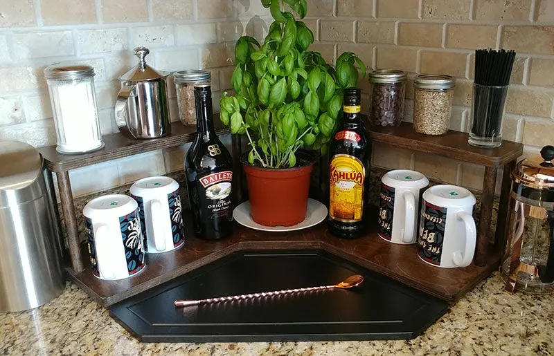 Counter Caddies™ - Walnut-Stained Corner Shelf - Barista Style - Available in Black and Natural Wood