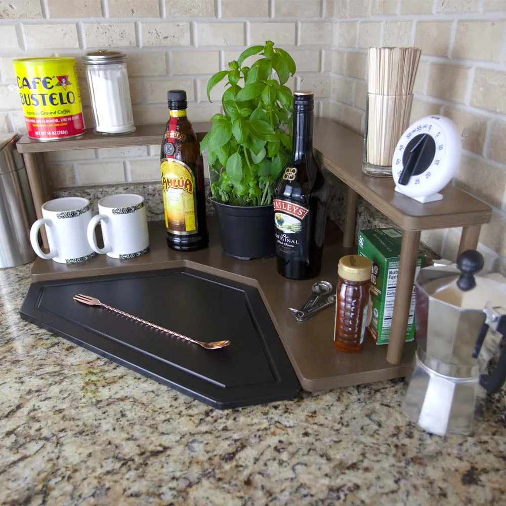 Counter Caddies™ - Walnut-Stained Corner Shelf - Barista Style - Available in Black and Natural Wood