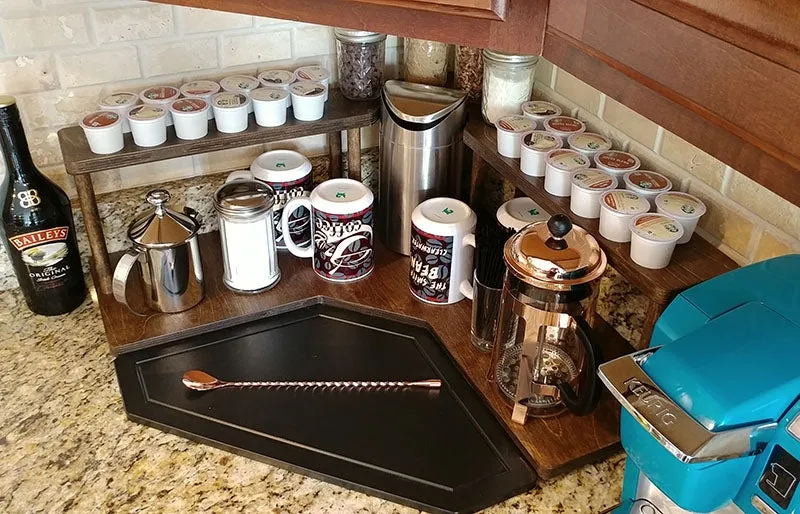 Counter Caddies™ - Walnut-Stained Corner Shelf - Barista Style w/ K-CUP Holes & Trash Can Inset - Available in Black