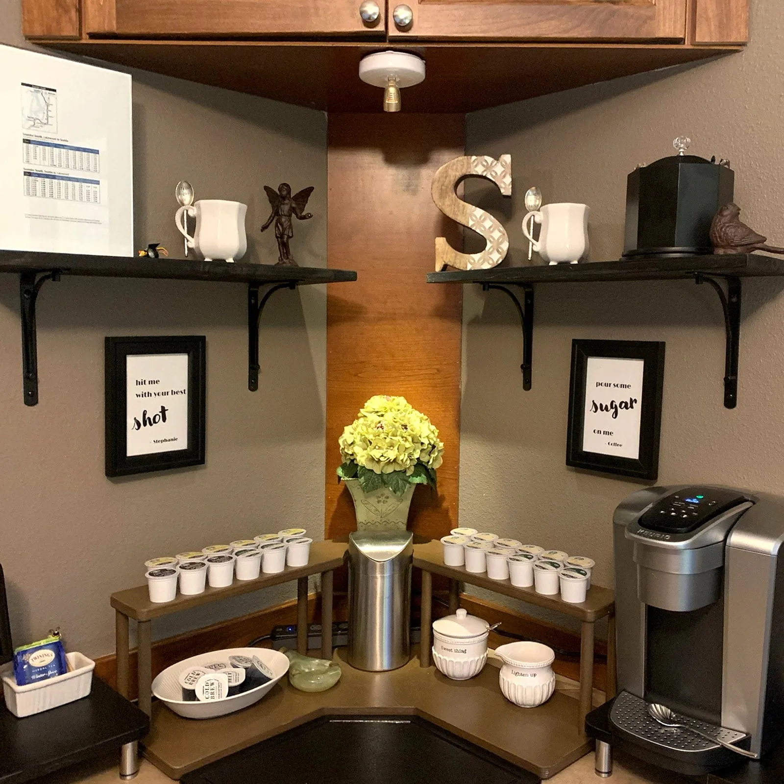 Counter Caddies™ - Walnut-Stained Corner Shelf - Barista Style w/ K-CUP Holes & Trash Can Inset - Available in Black