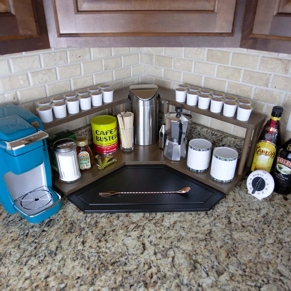 Counter Caddies™ - Walnut-Stained Corner Shelf - Barista Style w/ K-CUP Holes & Trash Can Inset - Available in Black