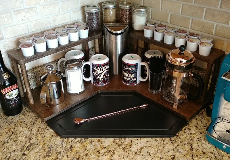 Counter Caddies™ - Walnut-Stained Corner Shelf - Barista Style w/ K-CUP Holes & Trash Can Inset - Available in Black